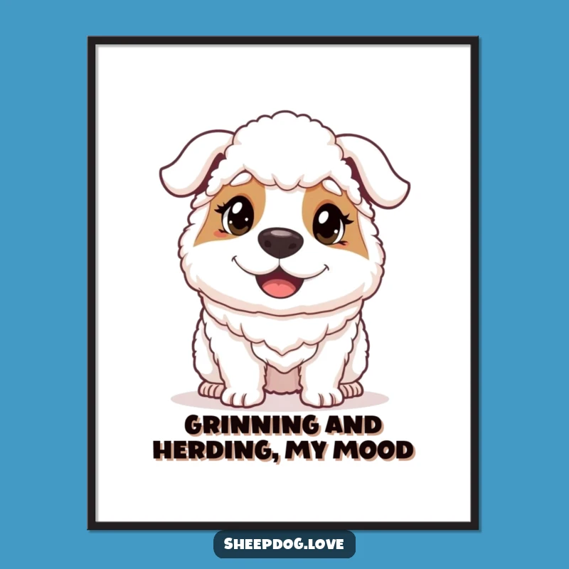 Free Printable Funny Sheepdog Wall Art: Determined Happy Face Downloadable Home Decor