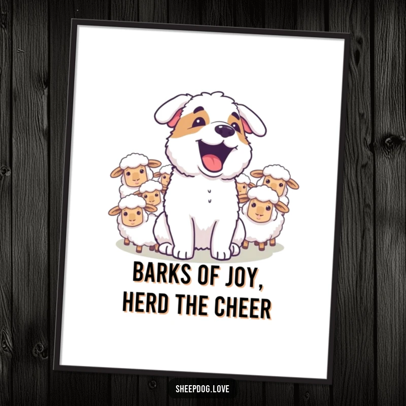 Funny Free Printable Wall Art: A sheepdog joyfully barks at a flock of sheep, creating a humorous scene.