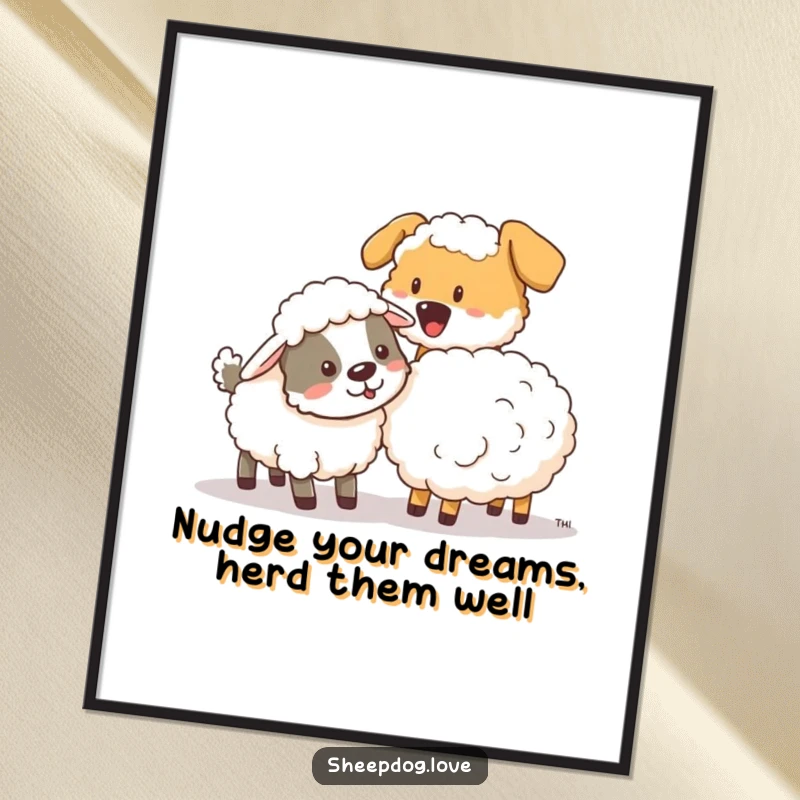 Funny Free Printable Wall Art: A sheepdog gently and playfully nudges a stray sheep, creating a cute scene.