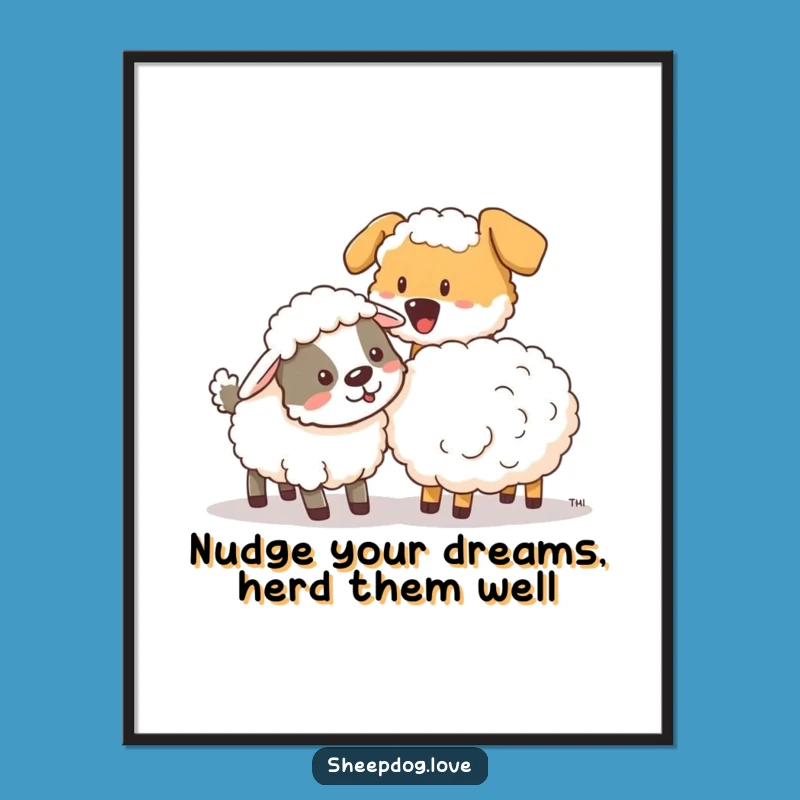 Free Printable Funny Sheepdog Wall Art: Nudging Sheep Downloadable Home Decor
