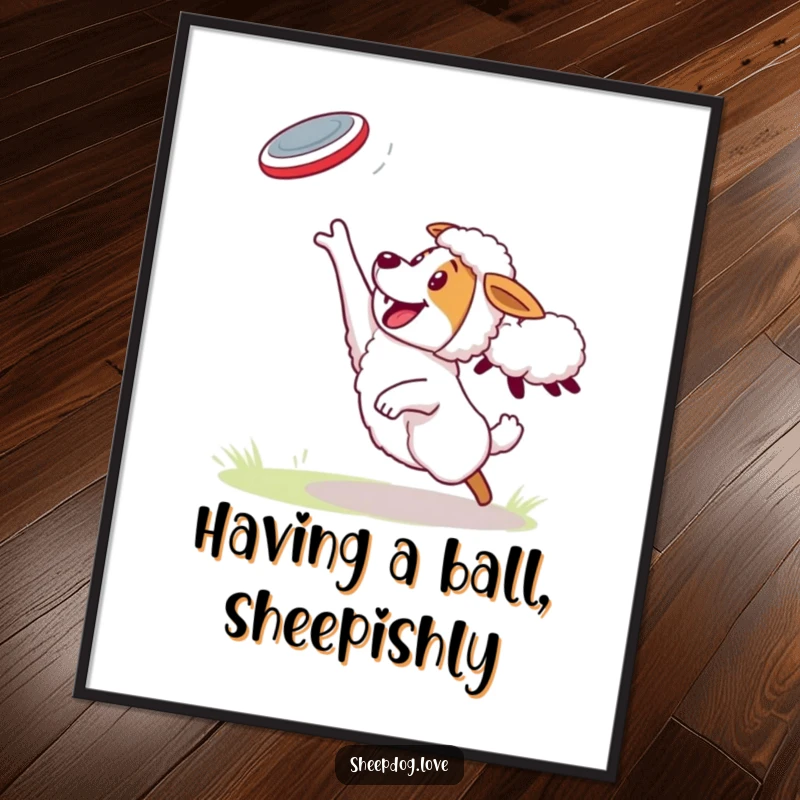 Funny free printable wall art! A sheepdog energetically catching a frisbee thrown by a sheep in a playful scene.