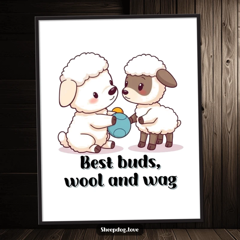 Funny Free Printable Wall Art: A kind sheepdog presenting a toy to a curious, adorable little lamb in a charming farm setting.