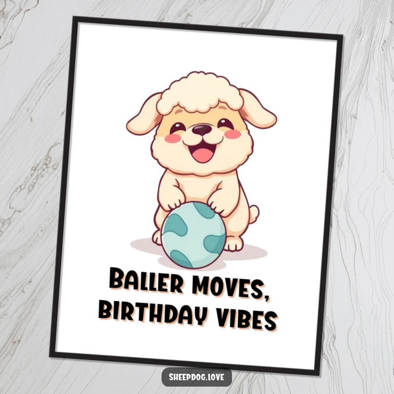 Funny Free Printable Wall Art: A dynamic sheepdog leaping and barking with glee at a rolling ball, full of energy.