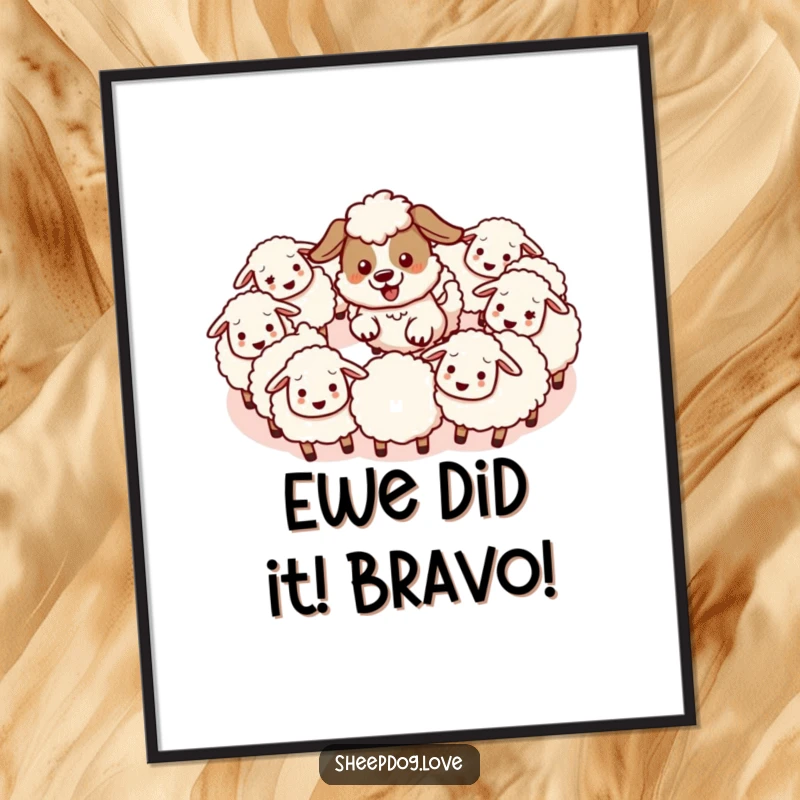 Funny Free Printable Wall Art: A kawaii sheepdog enthusiastically herding a group of fluffy sheep in a circle.