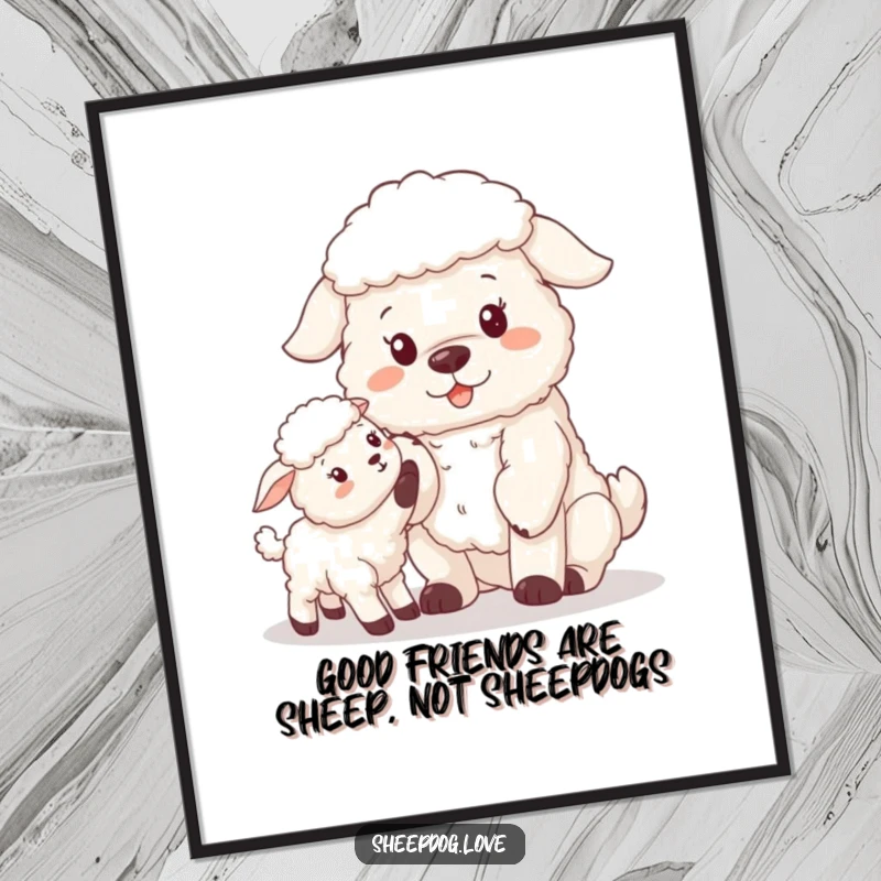 Funny Free Printable Wall Art: Fluffy sheepdog showing a paw to a curious lamb in a gentle, friendly interaction. Downloadable art.