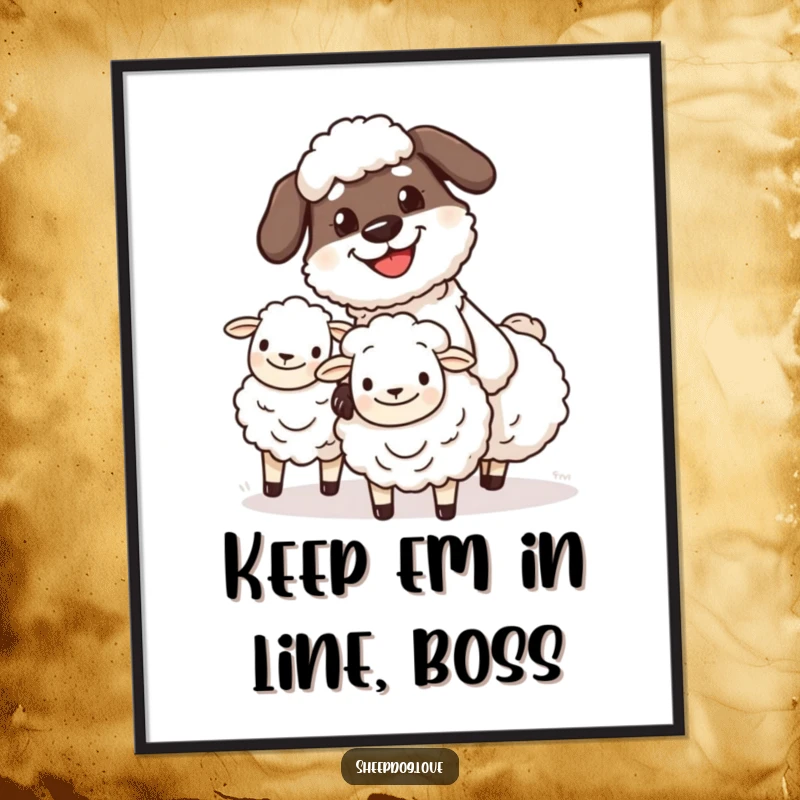 Funny Free Printable Wall Art: A determined sheepdog character with a wide grin, expertly herding a flock of fluffy sheep.