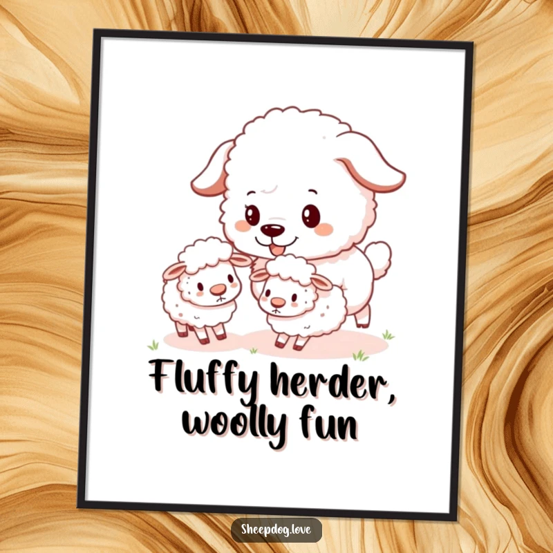 Funny Free Printable sheepdog art depicting playful herding of tiny, bouncy sheep, adding whimsy to decor.
