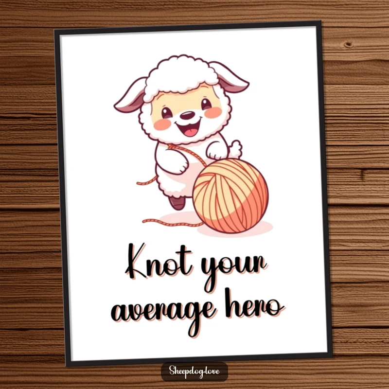 Funny Free Printable Wall Art: A cheerful sheepdog is captured mid-action, playfully catching a rolling ball of yarn, full of energy.