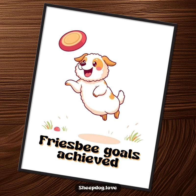 Funny Free Printable Wall Art: A sheepdog captured mid-leap, determined to catch a frisbee with a huge smile.