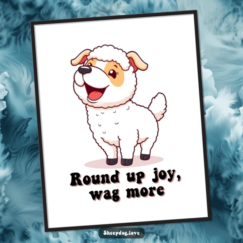 Funny Free Printable Wall Art: An excited sheepdog wags its tail after a successful round-up, full of joy.