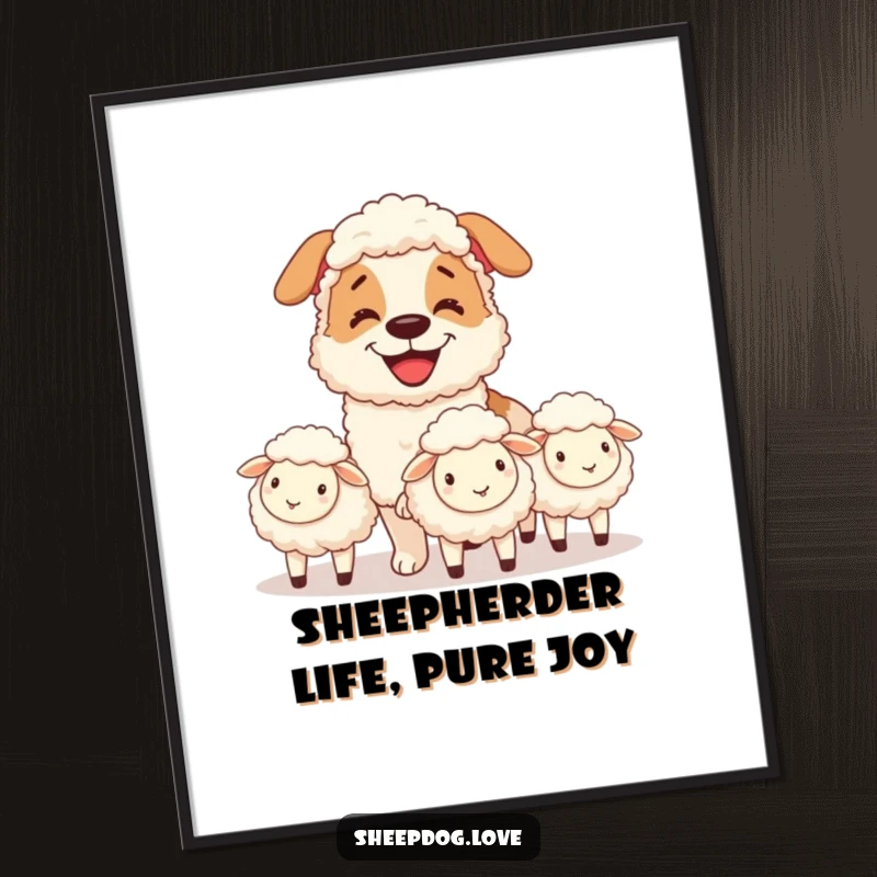 Funny Free Printable Wall Art: A sheepdog grins while expertly herding fluffy sheep, adding humor to walls.
