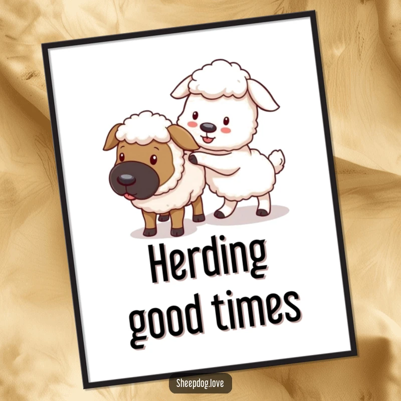 Funny Free Printable Wall Art: Adorable sheepdog playfully nudging a stray sheep back into the flock.