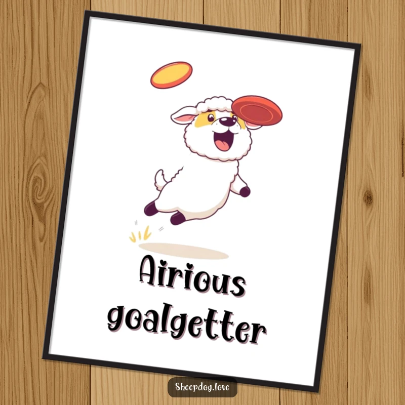 Funny Free Printable Wall Art: Lively sheepdog mid-air leap, frisbee in mouth, capturing athletic action.