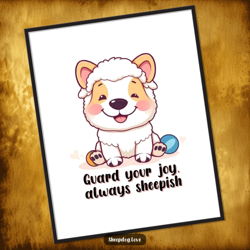 Funny Free Printable Wall Art: A happy sheepdog with a broad grin watching over playtime, a humorous downloadable art piece.