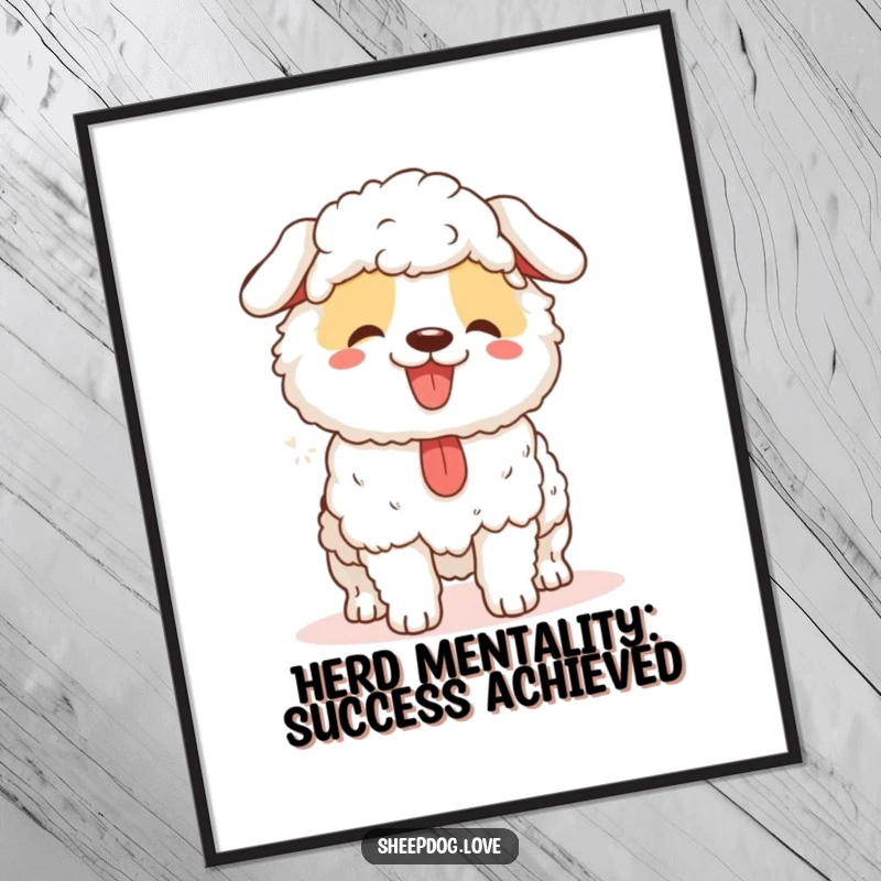 Funny Free Printable Wall Art: A cheerful sheepdog panting with joy, celebrating a job well done, perfect for dog lovers.