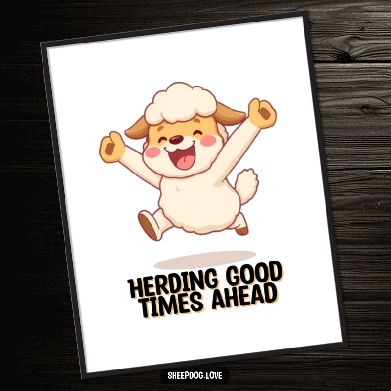 Funny Free Printable Wall Art: A sheepdog joyfully leaps high in the air, celebrating the successful completion of its herding duties.