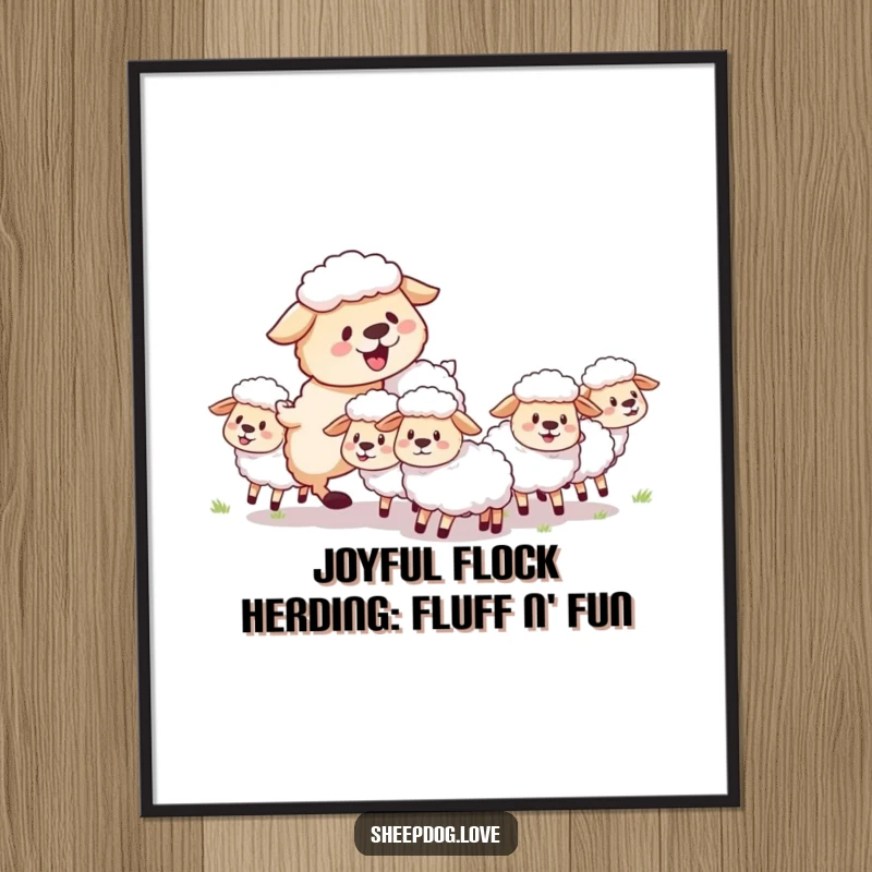 Funny free printable wall art: A fluffy sheepdog joyfully herds a small group of sheep with infectious happiness.