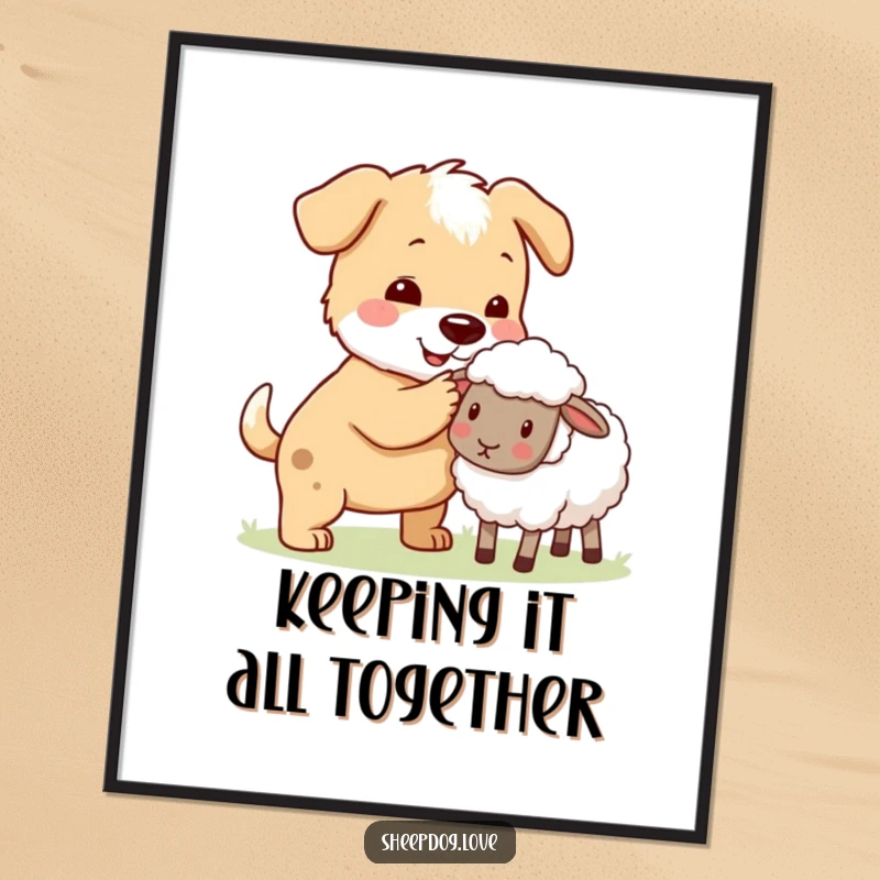 Funny Free Printable Wall Art: Dog character diligently nudging a stray sheep back into the flock. Downloadable art.