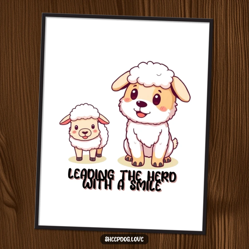Funny Free Printable Sheepdog Wall Art: A proud sheepdog looks pleased as a group of sheep closely follow its direction.