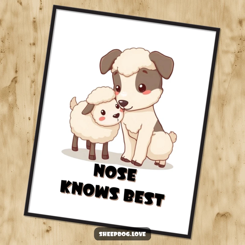Funny Free Printable sheepdog art depicting a gentle nose nudge to a stray sheep, adding charm.