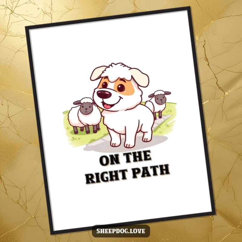Funny Free Printable Wall Art: Smiling sheepdog with a determined gaze, guiding a flock across a path.