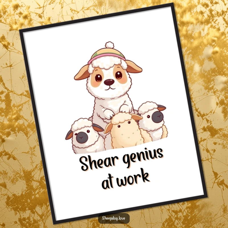 Funny Free Printable Wall Art: A sheepdog wearing a small hat diligently oversees its group of fluffy, contented sheep.