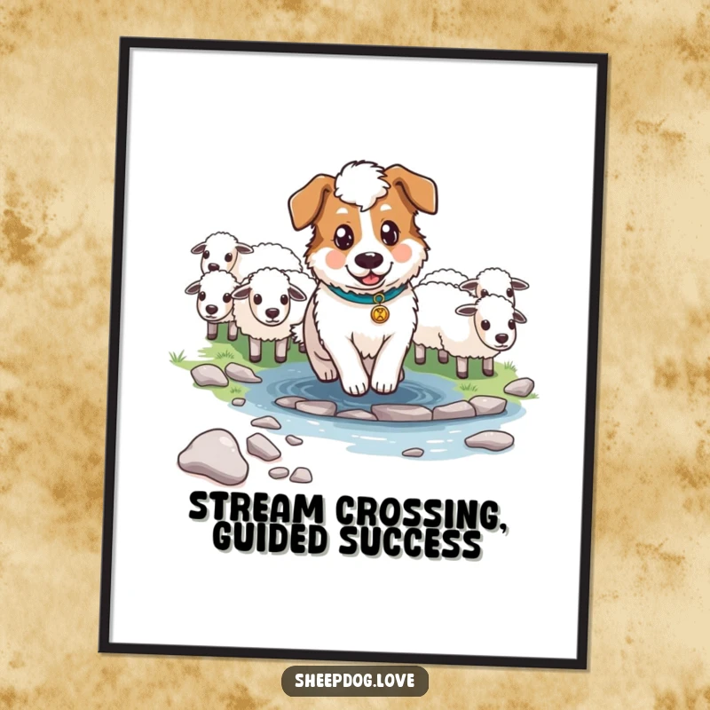 Funny Free Printable Wall Art featuring a determined sheepdog leading its flock across a stream, embodying focus and humor.