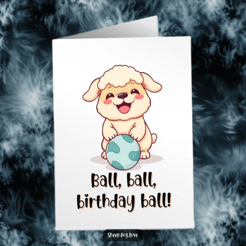 Funny Free Printable Birthday Card: Happy Sheepdog barking excitedly at a rolling ball, ready for party time.