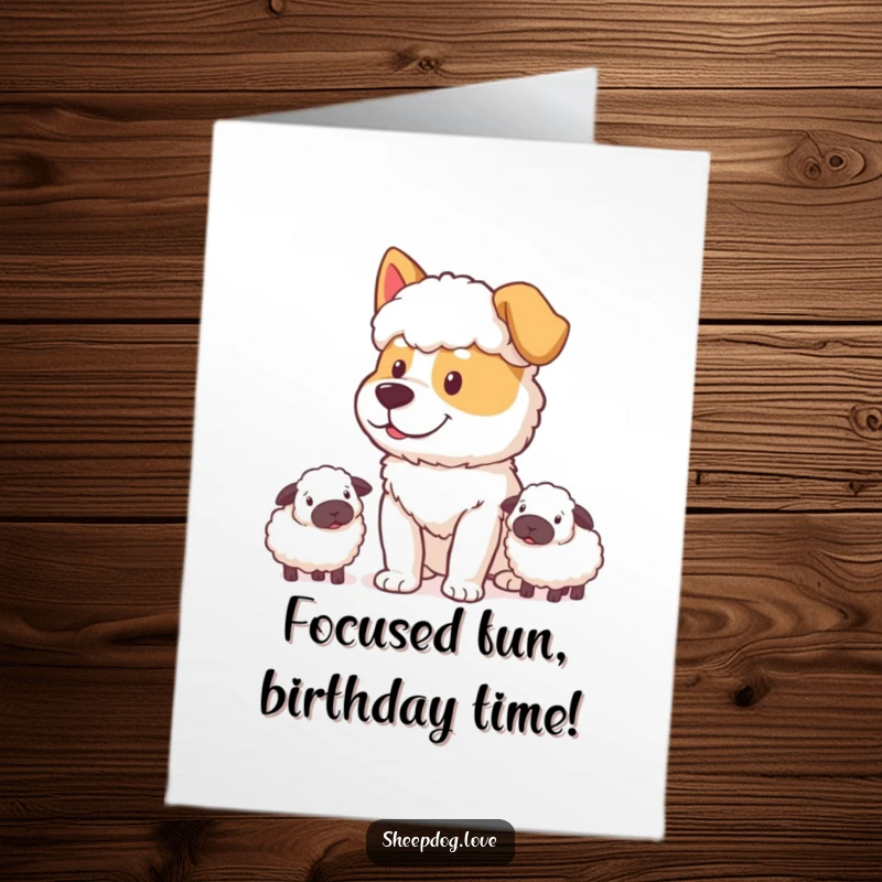 Funny free printable birthday card! A sheepdog with a determined yet happy expression watching sheep intently.