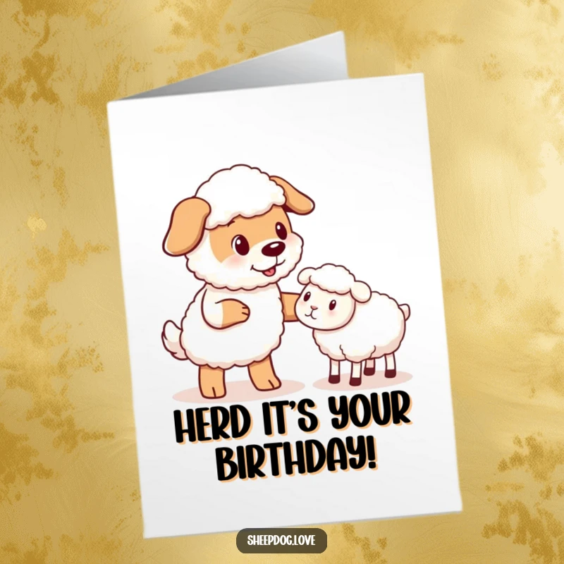 Funny Free Printable Birthday Card: Sheepdog gently nudges a lost sheep, spreading birthday joy with a humorous greeting.