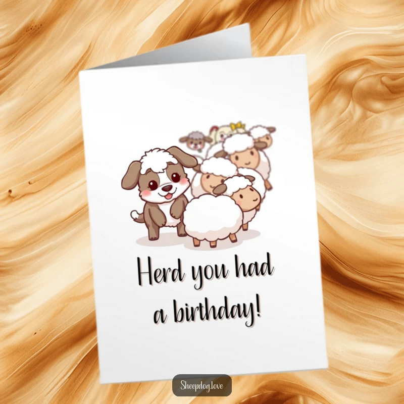 Funny Free Printable Birthday Card: A playful sheepdog gently nudging a lost sheep back to the safety of the flock.