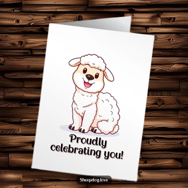 Funny Free Printable Birthday Card: A proud sheepdog sits contentedly next to a cute, fluffy sheep.