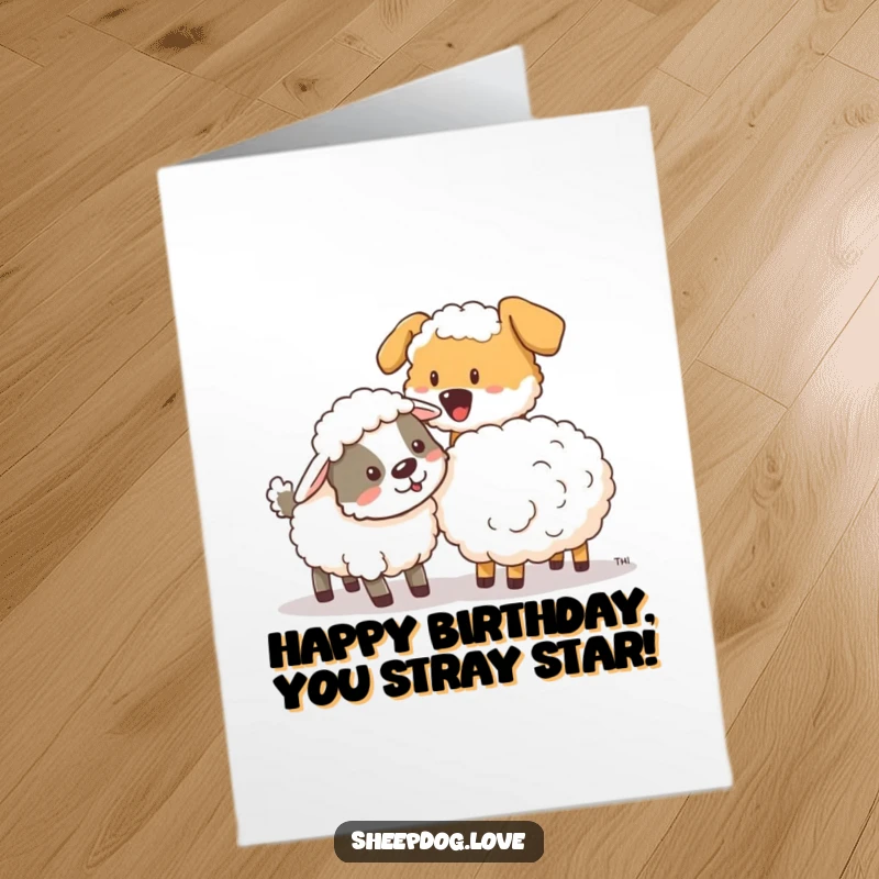 Funny Free Printable Birthday Card: A sheepdog playfully nudges a stray sheep, wishing a happy birthday.