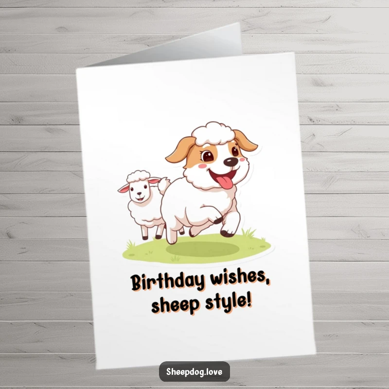 Funny Free Printable Sheepdog Birthday Card: A happy sheepdog with tongue out runs gleefully alongside sheep, perfect for a birthday wish.