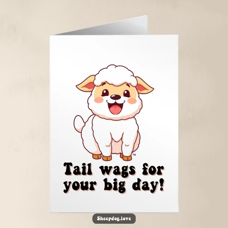 Funny Free Printable sheepdog card with its tail wagging enthusiastically, perfect for a happy birthday greeting.