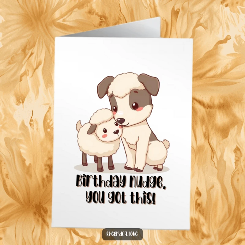 Funny Free Printable sheepdog card gently nudging a stray sheep, conveying birthday wishes with care.