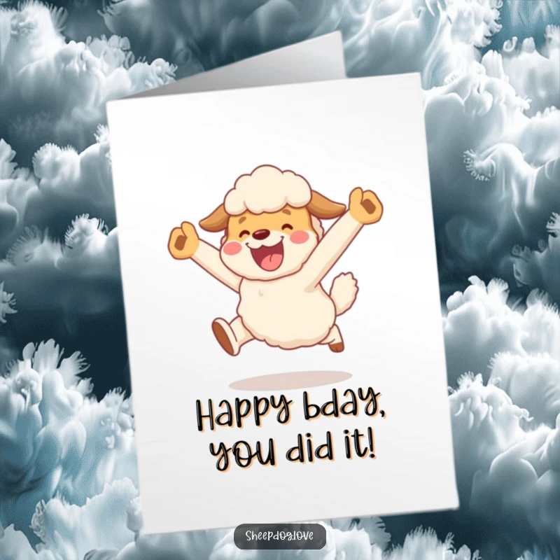 Funny Free Printable Birthday Card: A sheepdog lands a joyful leap after successfully herding its flock, celebrating with pure excitement.