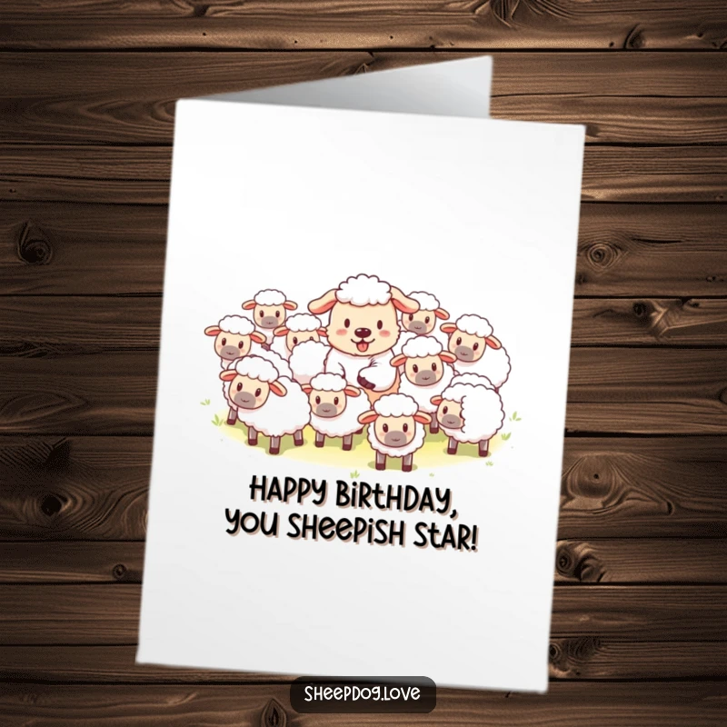 Funny Free Printable Birthday Card: A playful sheepdog energetically herding a fluffy flock of sheep with a smile.