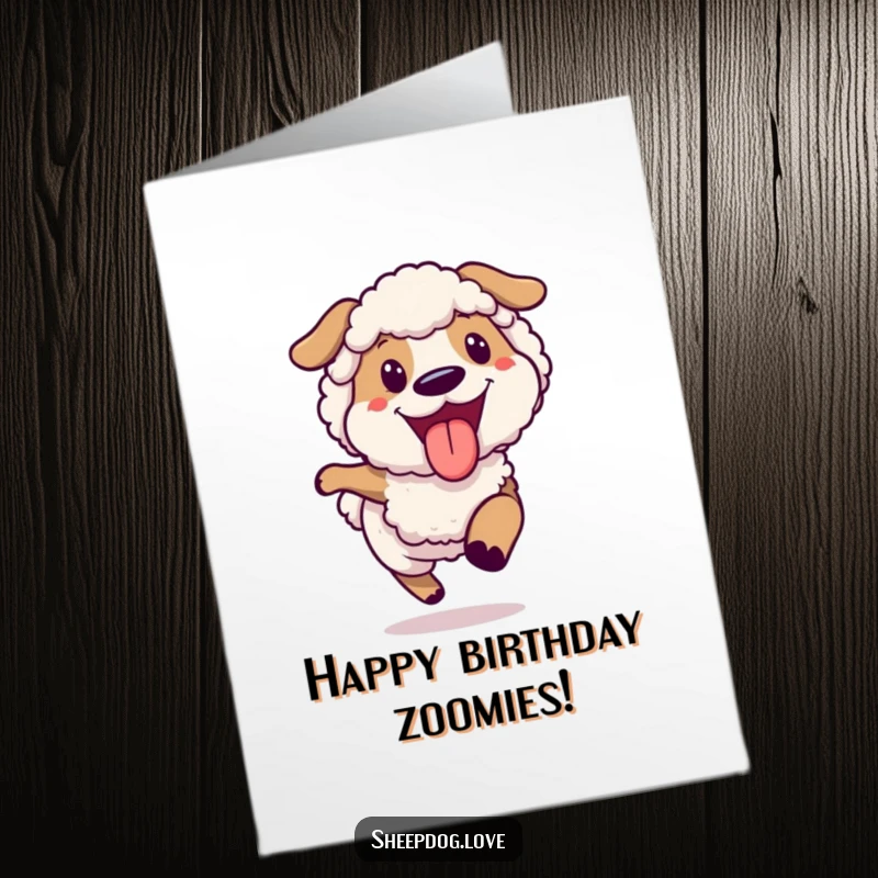 Funny Free Printable Birthday Card: A happy sheepdog with its tongue out, running joyfully, perfect for birthdays.