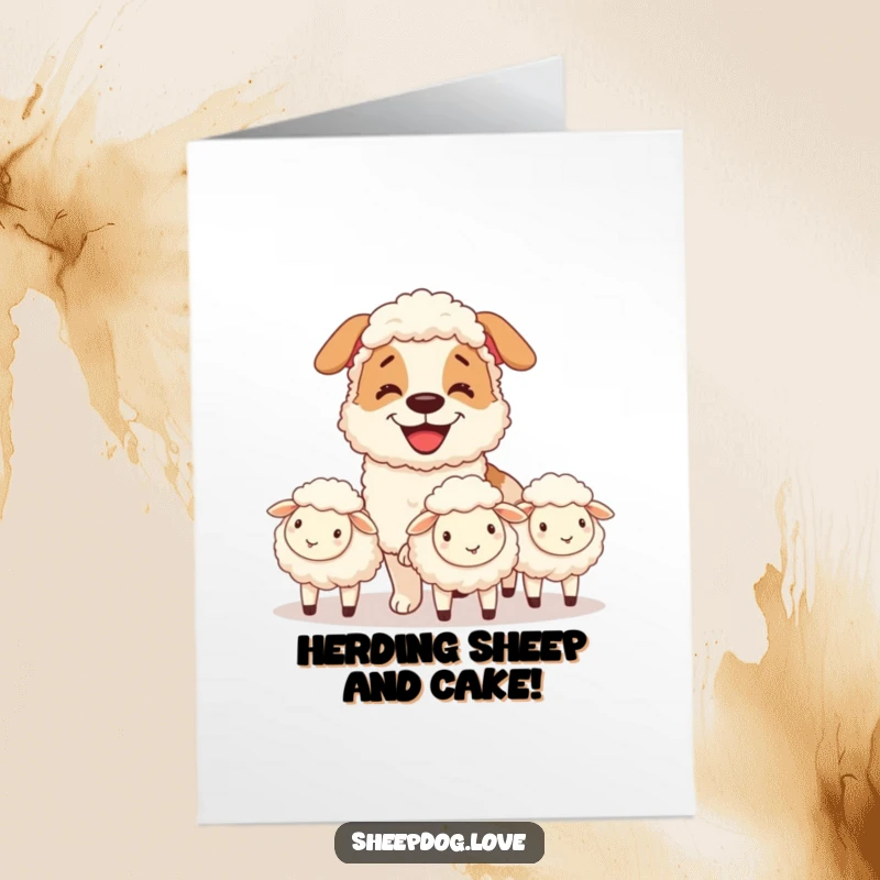 Funny Free Printable Birthday Card: A grinning sheepdog expertly herds fluffy sheep, celebrating a birthday.