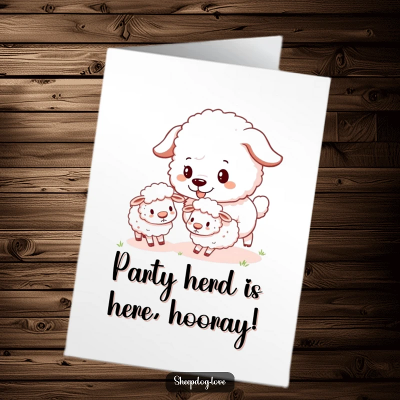 Funny Free Printable sheepdog card playfully herding tiny, bouncy sheep, perfect for a birthday wish.