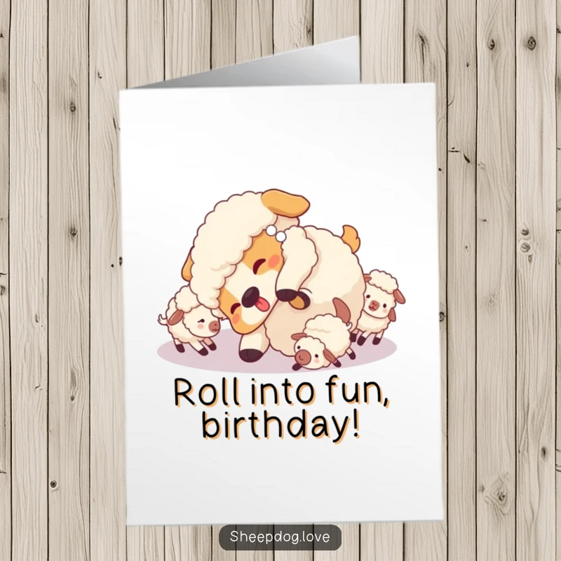 Funny free printable birthday card! A sheepdog doing a playful tumble surrounded by little sheep.