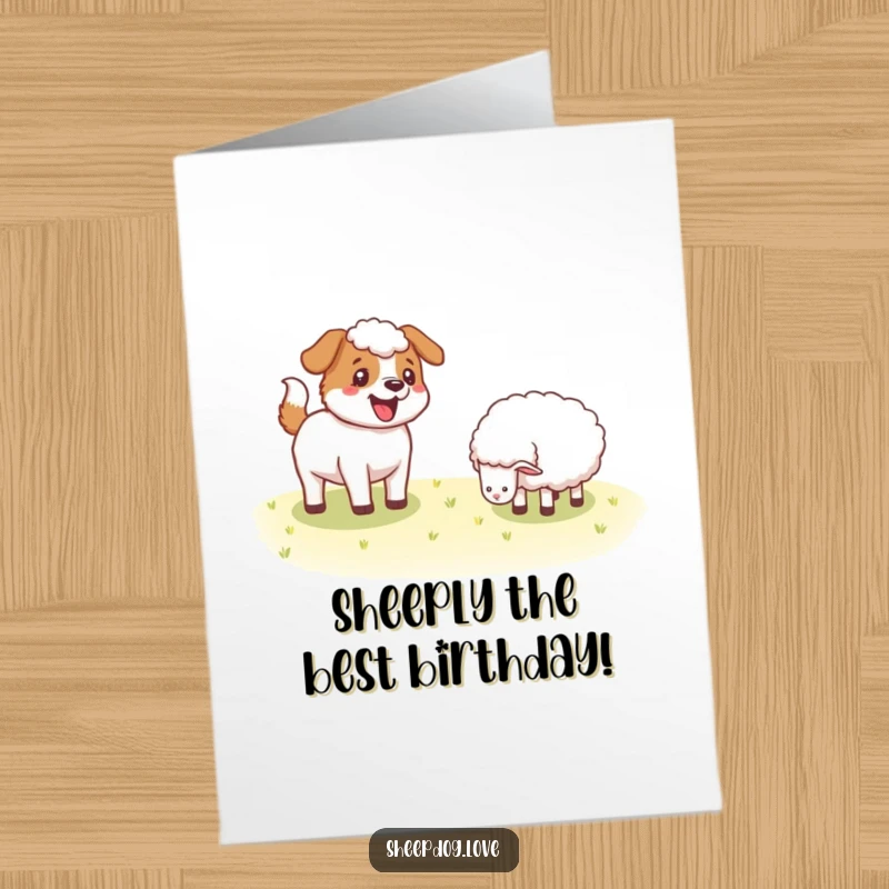 Funny Free Printable Sheepdog Birthday Card: A happy sheepdog wags its tail vigorously near a content sheep, ready for celebration.