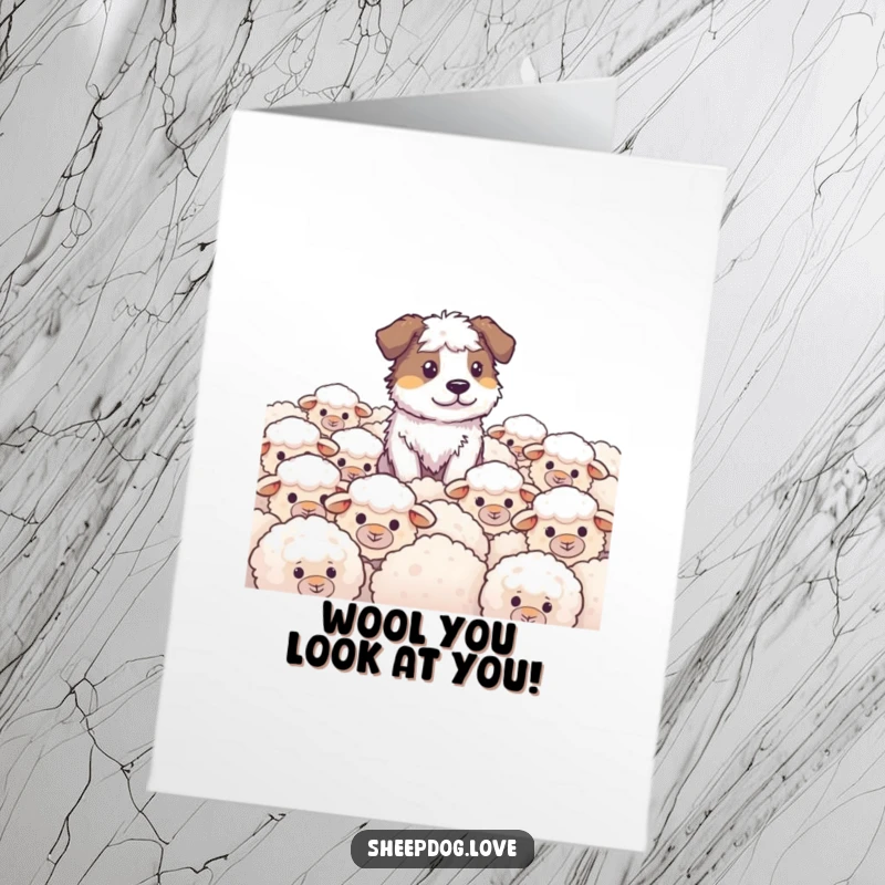 Funny Free Printable Sheepdog Card with a watchful dog guarding fluffy sheep, perfect for pet lovers.
