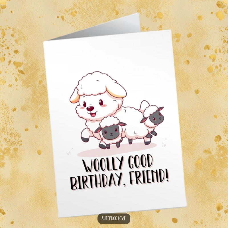 Funny free printable sheepdog birthday card! A fluffy sheepdog joyfully herding tiny, bouncing sheep, ready to celebrate.