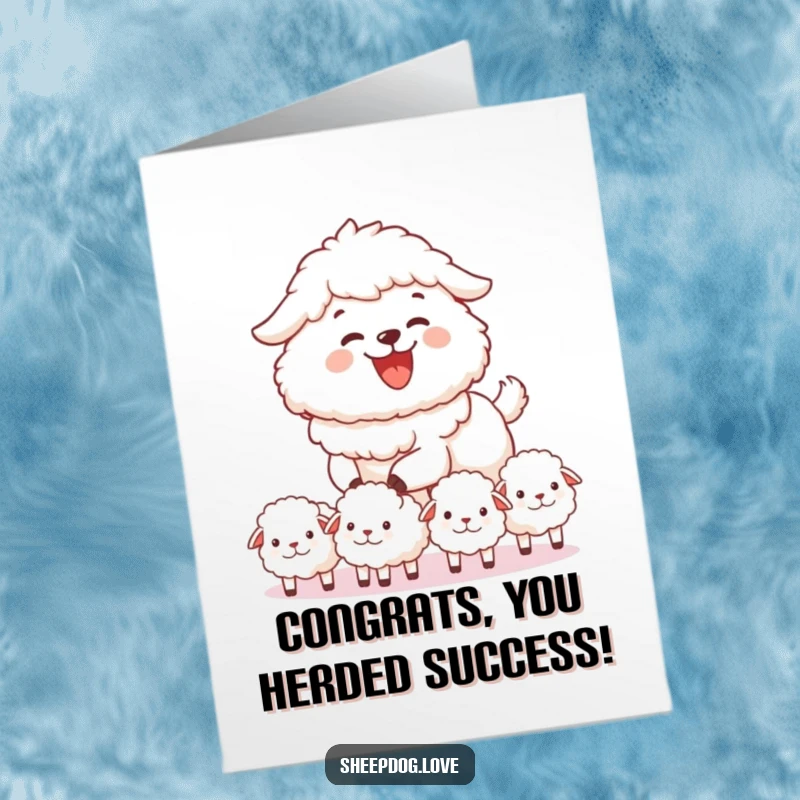 Funny Free Printable Congratulations Card: A sheepdog joyfully herds fluffy sheep, celebrating a successful achievement.