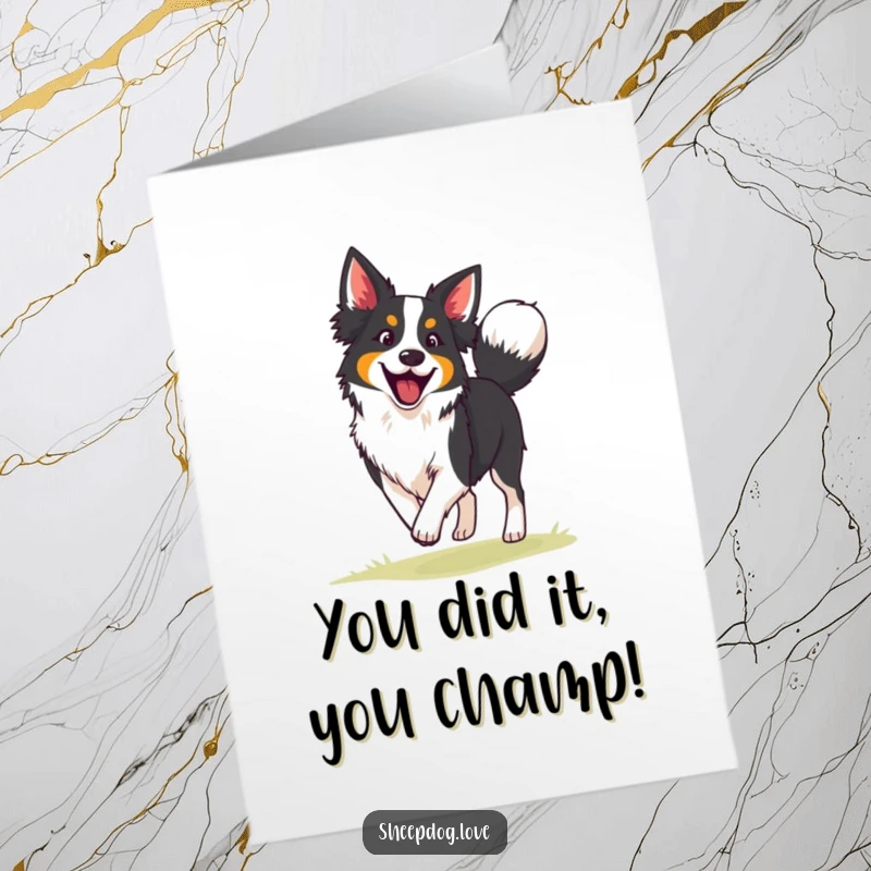 Funny free printable congratulations card: A happy border collie wags its tail with pride while expertly herding.