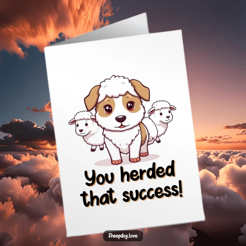 Funny Free Printable Congratulations Card: Sheepdog leading a line of sheep, symbolizing guidance and success.