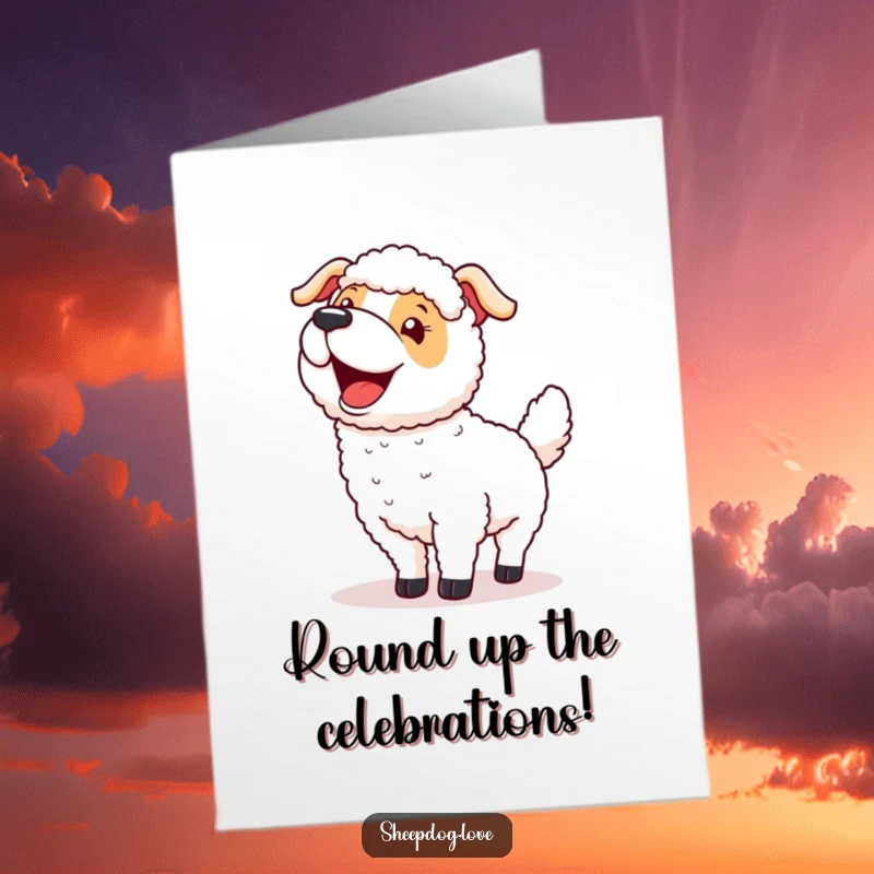 Funny Free Printable Congratulations Card: An excited sheepdog wags its tail after a successful round-up, celebrating success.