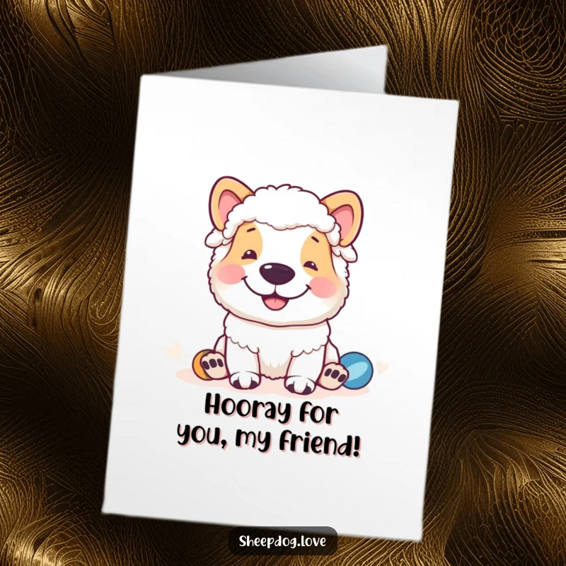 Funny Free Printable Congrats Card: A sheepdog beaming a friendly grin while overseeing activity, a great downloadable gift.